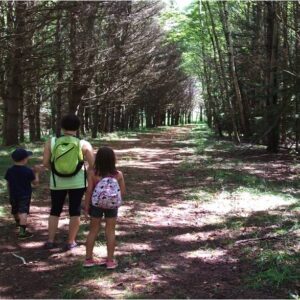 family walks along trail