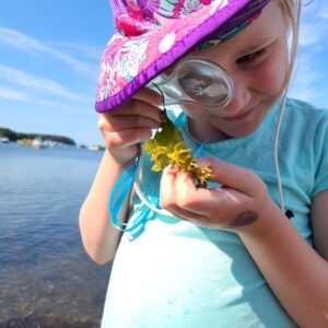 girl looks at flower with magnifying glass