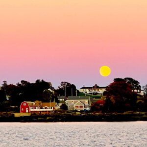moon rising behind buildings on island