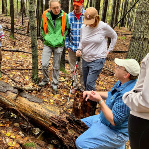 adults gather around fallen tree to learn about mushrooms