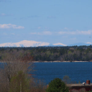snow capped mountain in distance with ocean in foreground