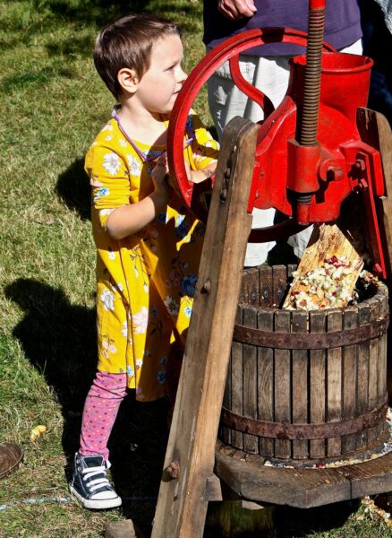 child turns wheel on cider press