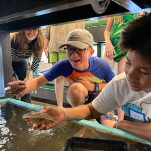 children hold shellfish over large tank in marine facility