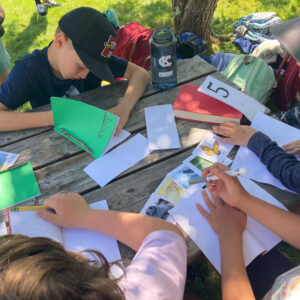 children sit at picnic table in shade and draw in nature journals
