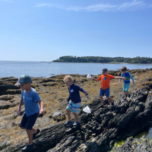 four children walk in a line along rocks at beach