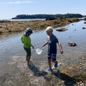 two children stand in large tide pool holding nets