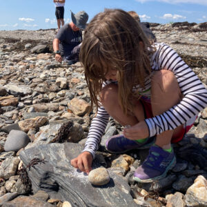 little girl crouches over flat rock on beach