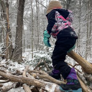 a child climbs a pile of sticks in the snow