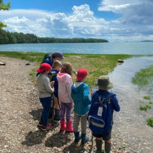 a group of children standing at the edge of the water looking out toward the ocean