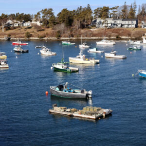 fishing boats in a calm cove