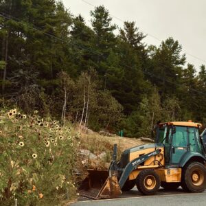 Sunflowers with excavator